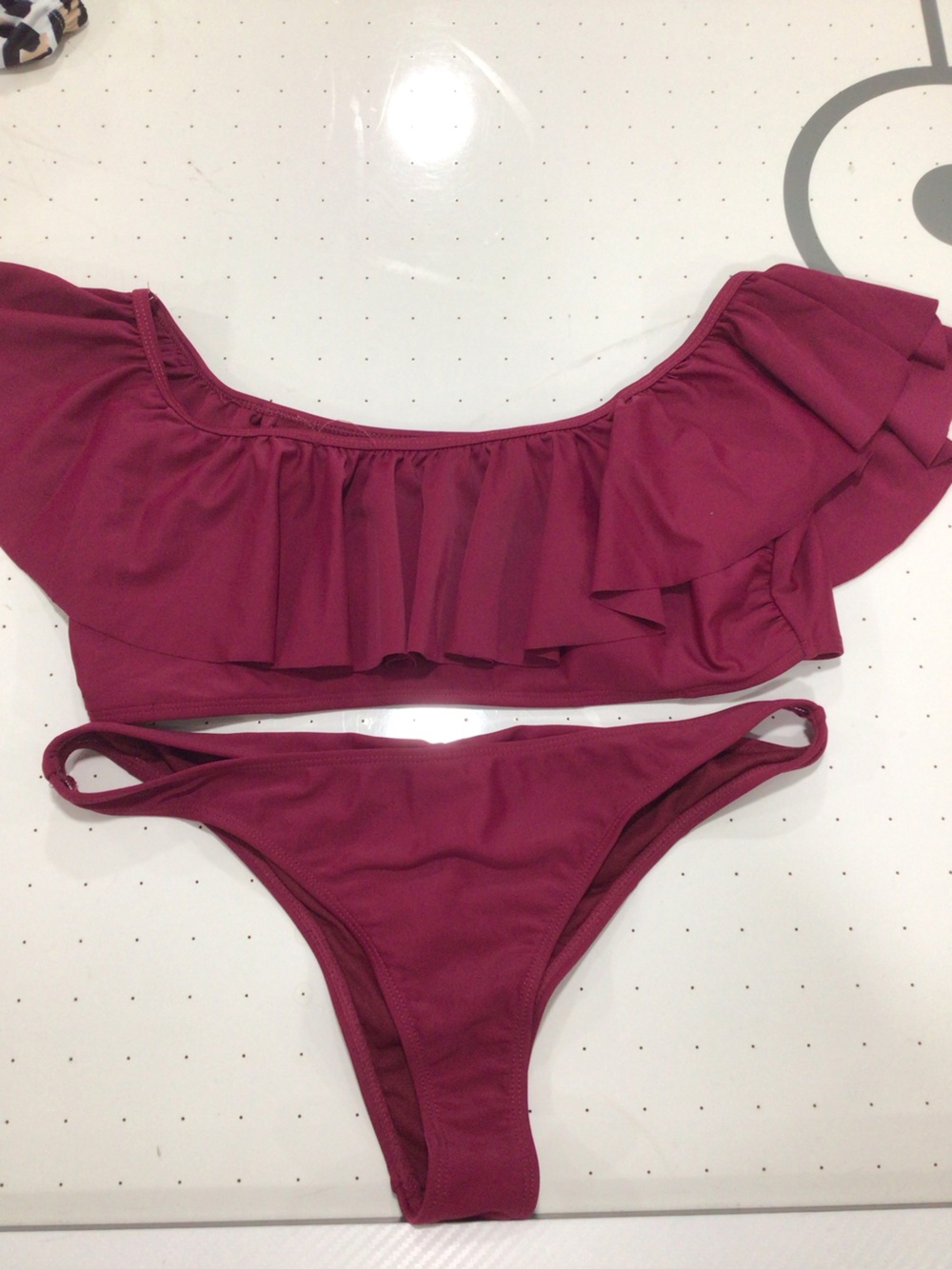 Off-Shoulder Ruffle Bikini Set in Plum